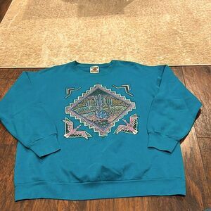 VTG 90s Red Willow crewneck sweatshirt size XXL Teal blue hand painted graphic